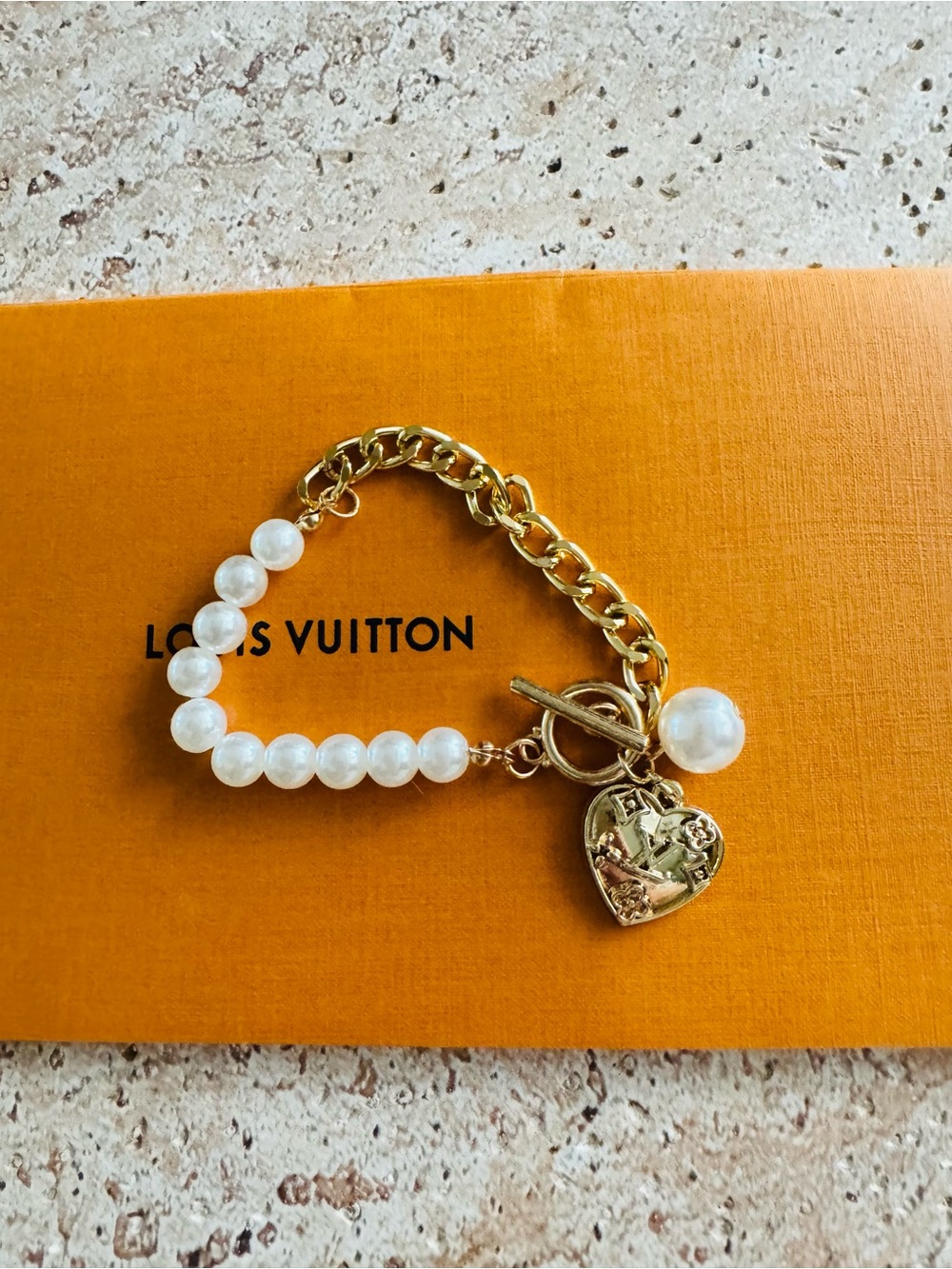 LV Authentic Hardware on Gold & Pearl Bracelet
